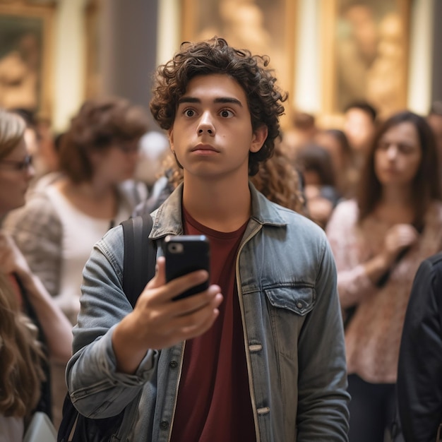 A man with curly hair is holding a phone in a museum.