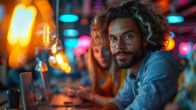 a man with curly hair sits in front of a computer with a light on the top