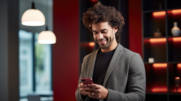 Man with curly hair smiling and looking at his smartphone