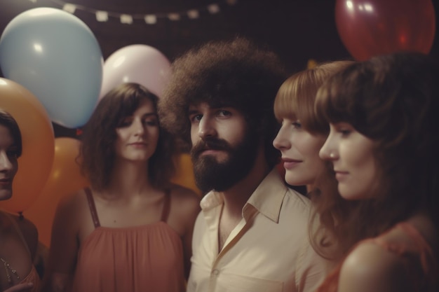 A man with a curly hair stands in front of a bunch of balloons.