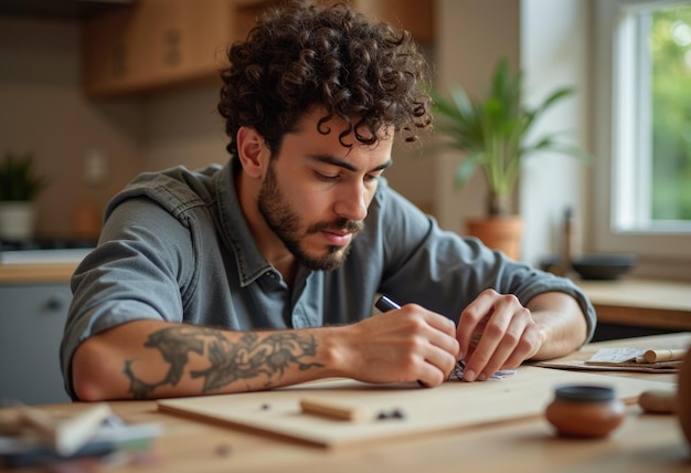 Photo a man with curly hair and a tattoo is writing on a paper