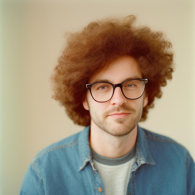 A man with curly hair wearing glasses and a denim shirt.