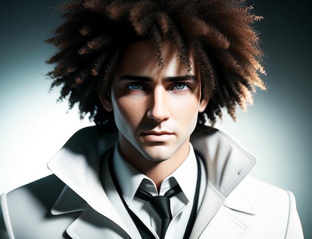 A man with curly hair and a white coat.