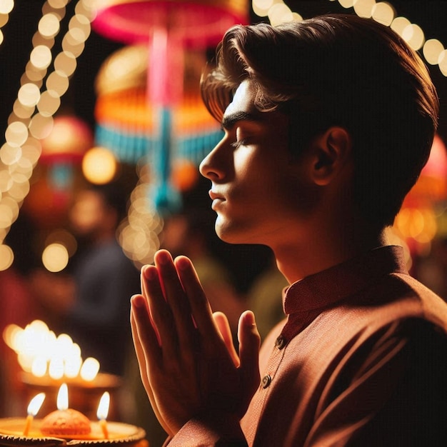 Photo a man with dark hair and a red shirt is praying with a lit candle in the background