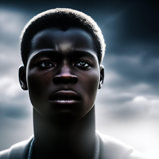 A man with a dark skin and a cloudy sky in the background.