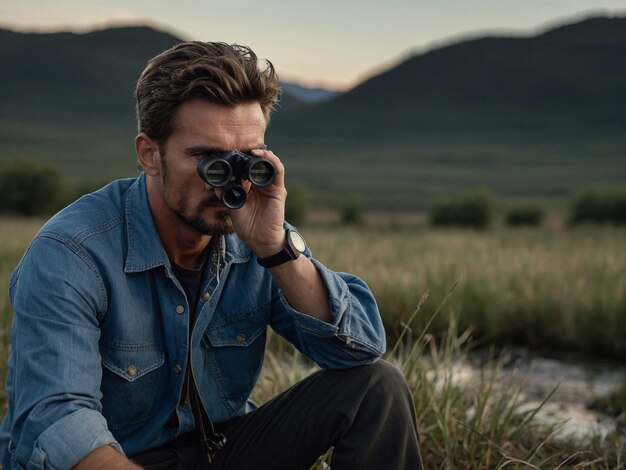 Photo a man with a denim shirt sitting with a pair of binocu_1