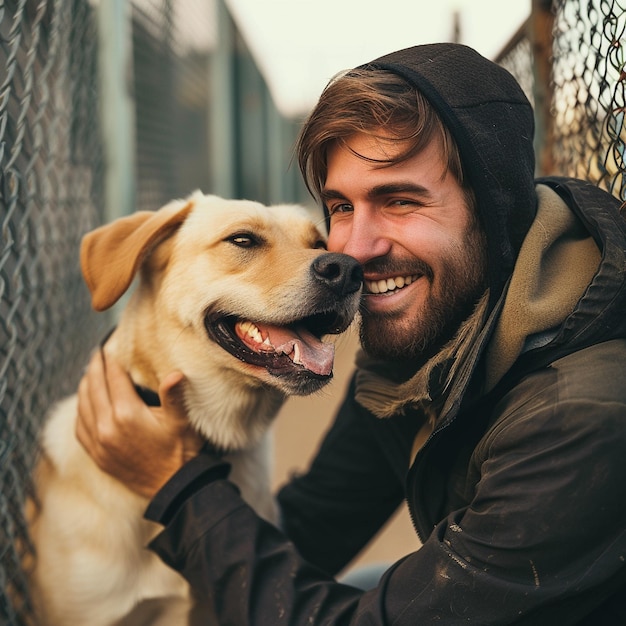 a man with a dog and a fence behind him