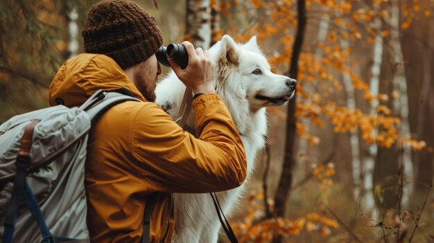 Photo man with dog looking through binoculars in autumn forest