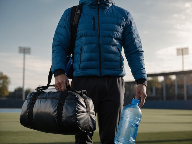 Photo a man with a drawing standing with a sports bag and a 3_1