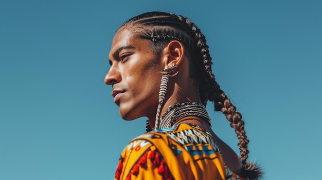 A man with dreadlocks and a colorful shirt is standing in front of a blue sky