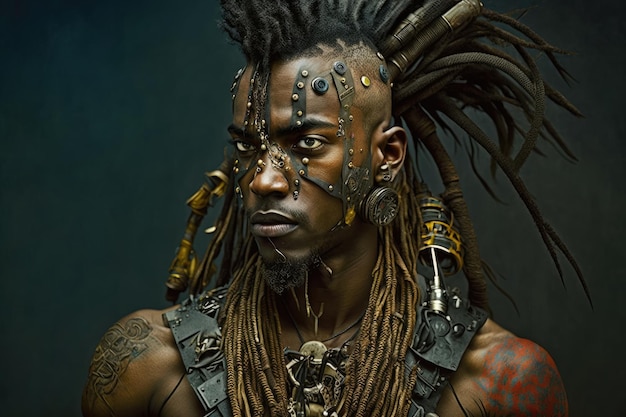 A man with dreadlocks and dreadlocks stands in front of a dark background.