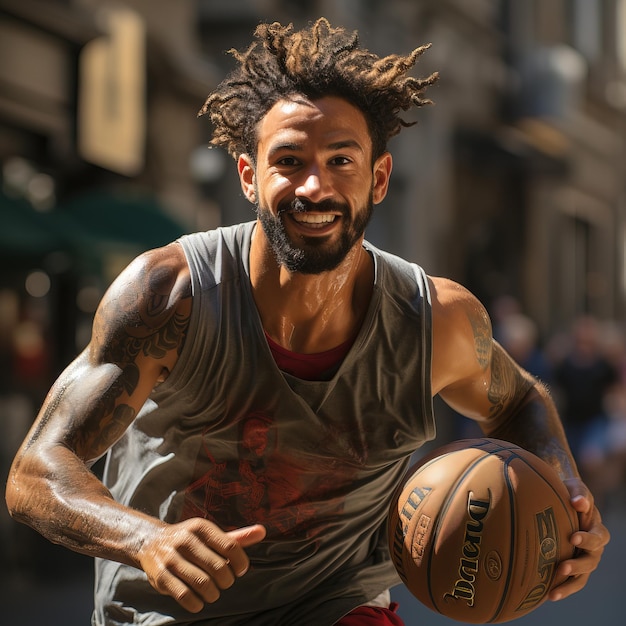 a man with dreadlocks playing basketball in the street