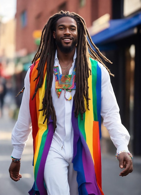 a man with dreadlocks and a rainbowcolored scarf is walking down the street