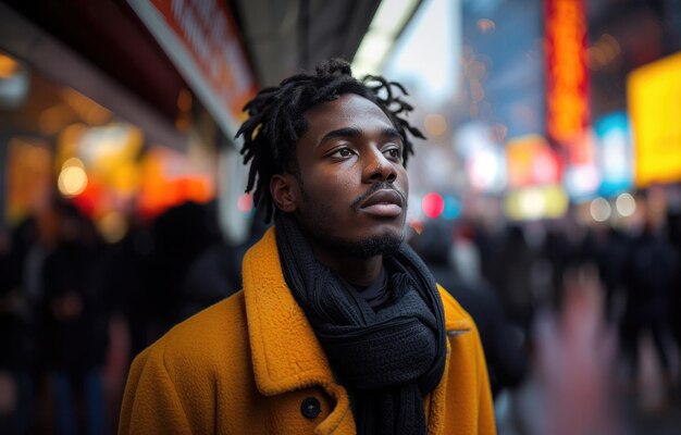 A man with dreadlocks stands in the rain with a yellow coat and scarf