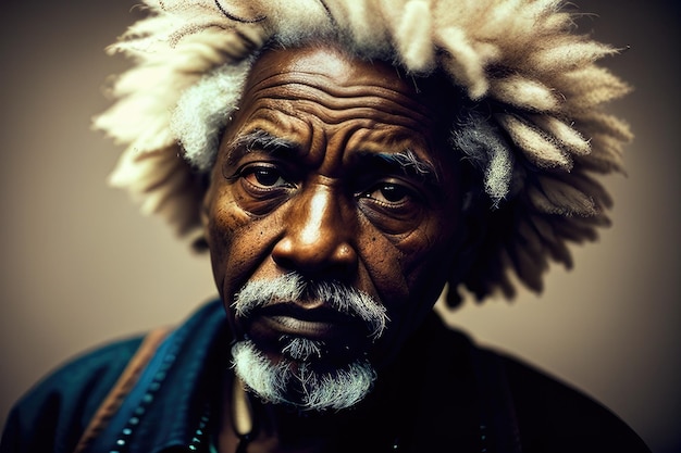 A man with dreadlocks and white hair looks at the camera