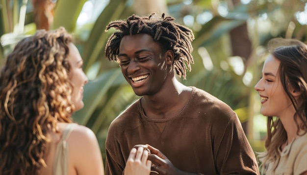 a man with dreadlocks and a woman talking to a man