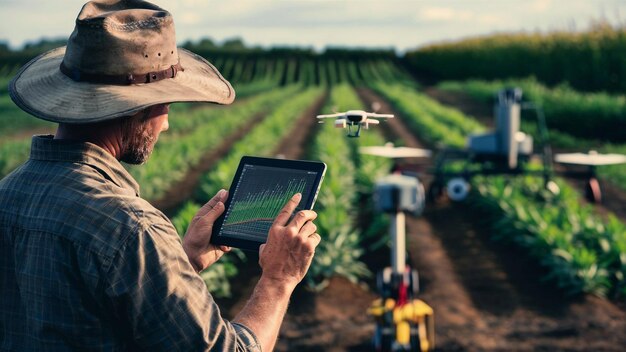 Photo a man with a drone and a remote control device in the background