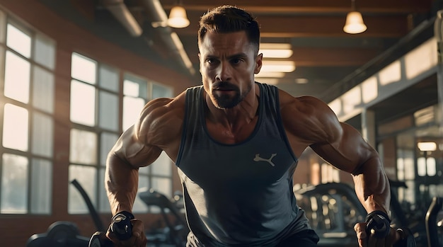 Photo a man with a dumbbell in his hands detailed gym image