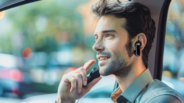 Photo man with earbuds using voice assistant