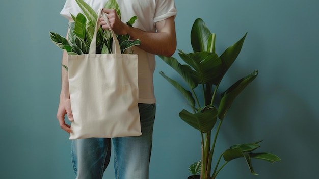 Photo man with eco shopping tote bag for sustainable living promotion