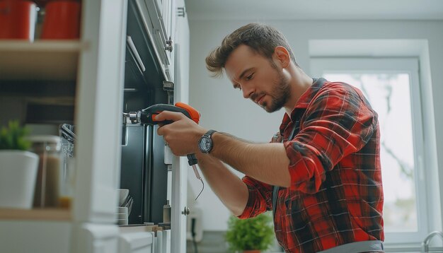 Photo man with electric screwdriver fixing cabinet under worktop in kitchen