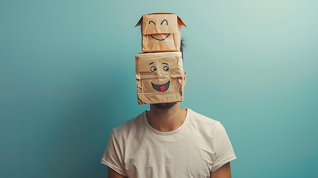 Photo man with emoticon bags expressing joy and smile