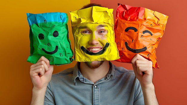 Photo man with emoticon bags expressing joy and smile