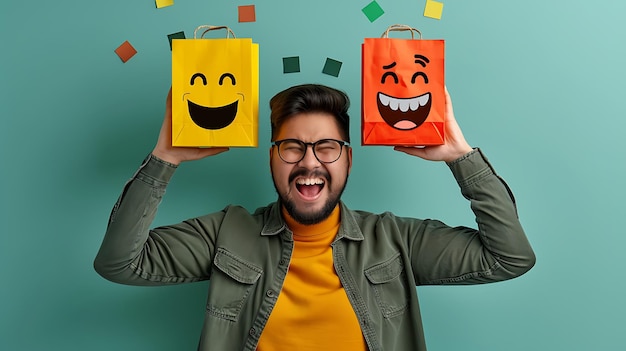 Photo man with emoticon bags expressing joy and smile