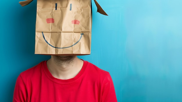 Photo man with emoticon bags expressing joy and smile