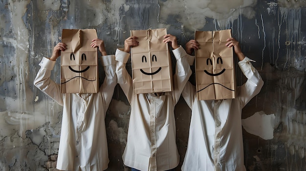 Photo man with emoticon bags expressing joy and smile