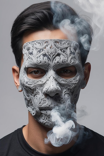 Man with face covered by smoke on grey background created using generative ai technology