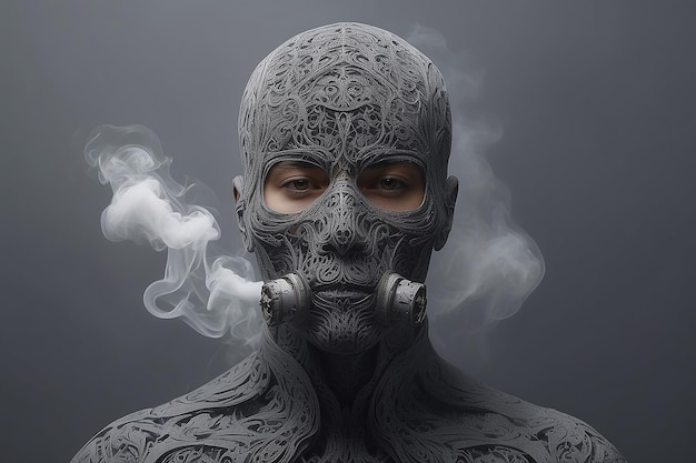 Man with face covered by smoke on grey background created using generative ai technology