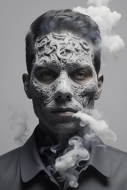 Man with face covered by smoke on grey background created using generative ai technology