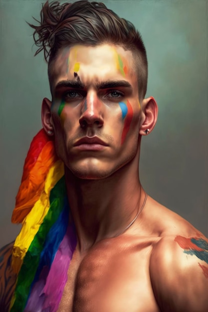 Man with face painted with pride flag Generative ai