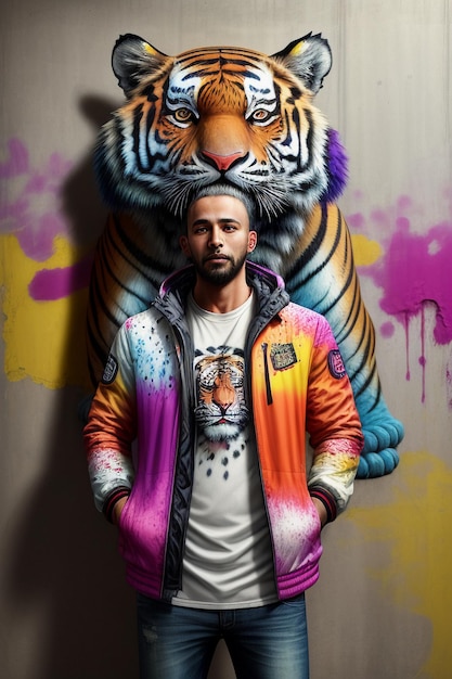 Photo a man with the face of a tiger stands in front of a wall with colorful watercolor graffiti