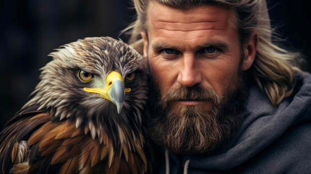 a man with a falcon on his shoulder