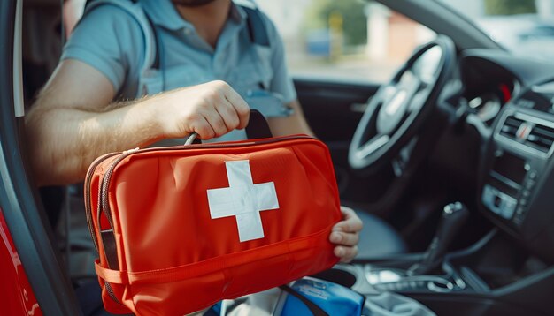 Man with first aid kit inside car closeup