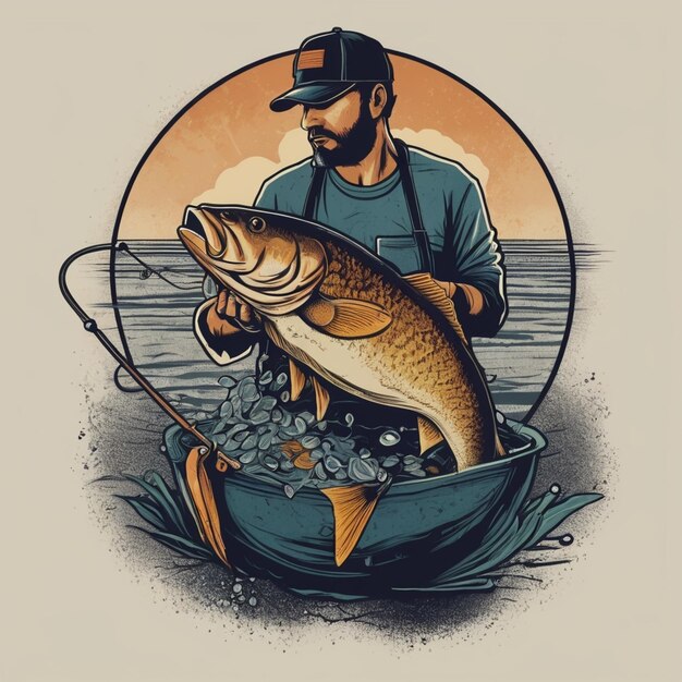 a man with a fishing rod and a fish in the water