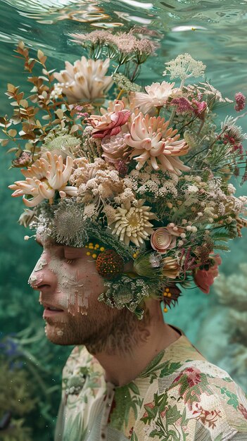 Photo a man with a flower hat on his head is wearing a flower crown