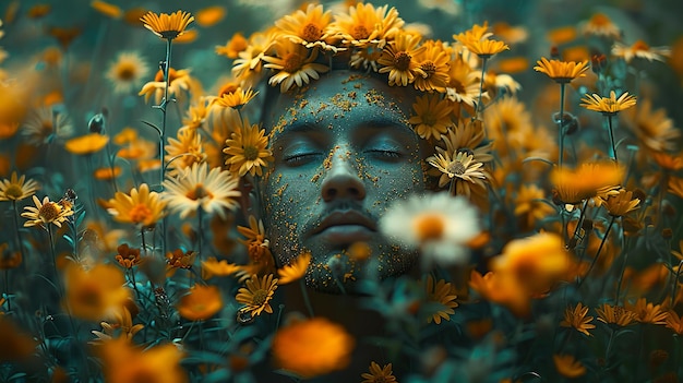 a man with a flower in his hair and the word  on it