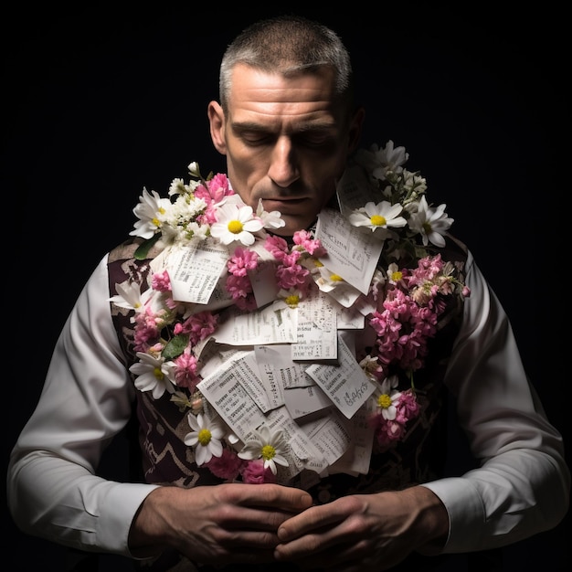 a man with flowers on his chest is holding a bouquet of paper