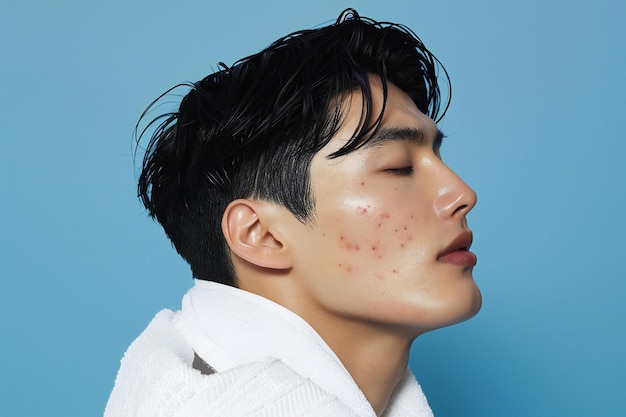 a man with freckles on his face and a blue background