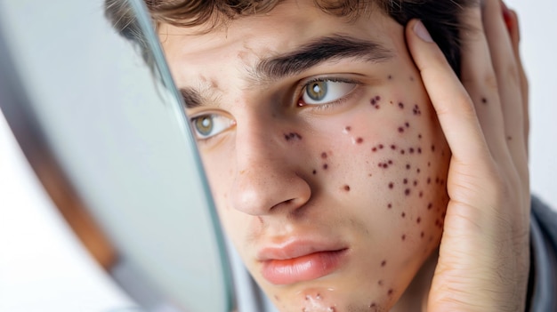 Photo a man with freckles on his face looking at a phone