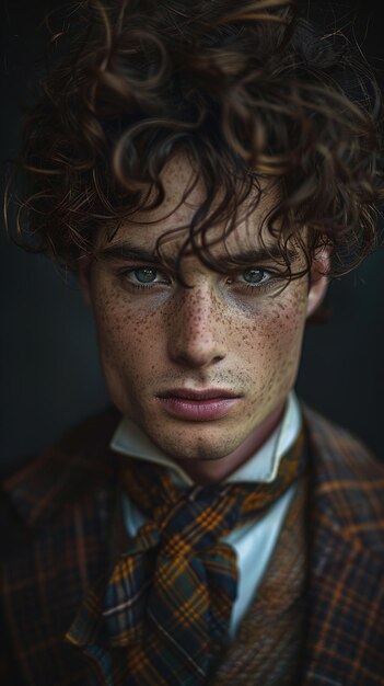 a man with freckles and a tie with a brown and black background