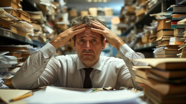 A man with a frustrated expression is holding his head in his hands surrounded by stacks of paperwork in an office setting