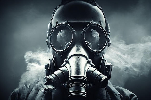 Man with gas mask in apocalyptic post war environment