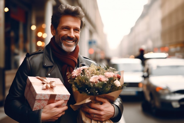 man with a gift box in his hands walks along a city street