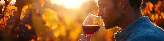 Photo man with a glass of wine in the vineyard selective focus