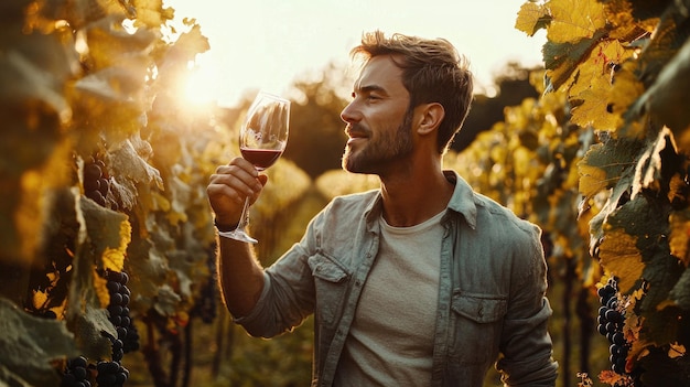 man with a glass of wine in the vineyard Selective focus