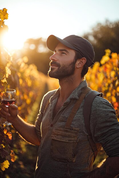 man with a glass of wine in the vineyard Selective focus